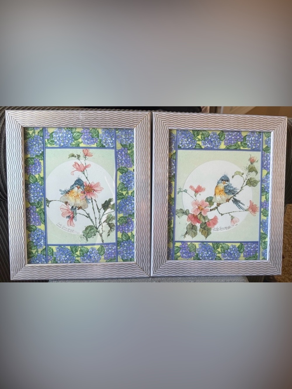 VTG Carolyn Shores Wright 1990 Bluebird and Floral Watercolor Art Print Set of 2
